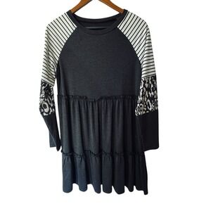 Women's Small Tiered Babydoll Tunic Top Black Raglan Sleeves Stripe Leopard
